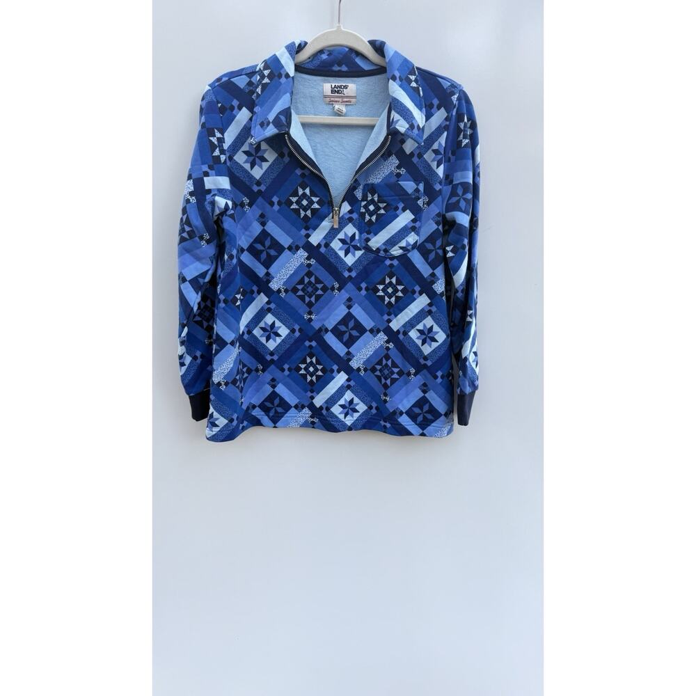 Lands’ End Serious Sweats Quarter Zip Fleece Blue Patchwork Print M 10–12